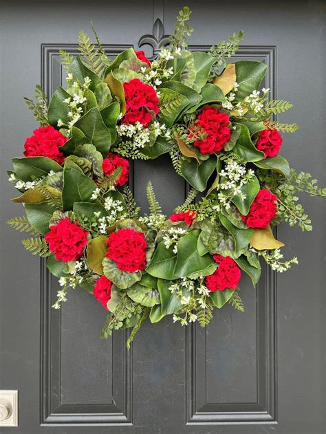 door wreath red|red geranium wreaths.